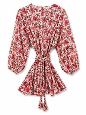 Statements Are Made In This RHODE Red & Cream Tie-Waist Puff-Sleeve Mini Dress S